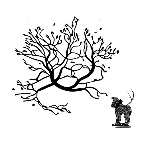 A Withering Tree That Blooms With A Dog Standing Next To It