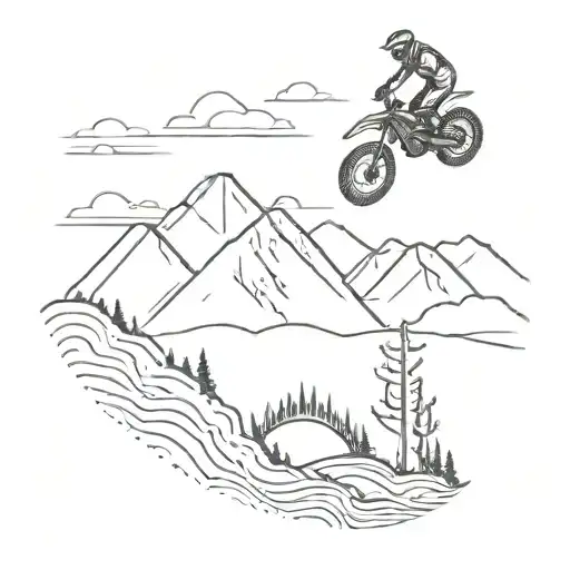 A Mountain Landscape With A Dirtbike Jumping Over It In Dotwork Style