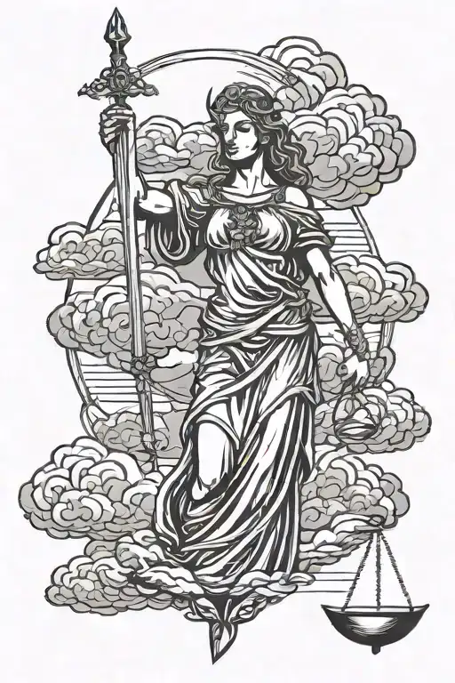 Lady Justice With Sword And Scale With Clouds Behind