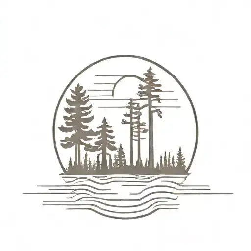 A Minimalist Tattoo Of A Sun Setting Behind A Row Of Pine Trees With A Stream Running Through Them