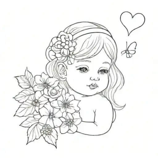 Simple Drawing Baby Girl With Flowers And Hearts