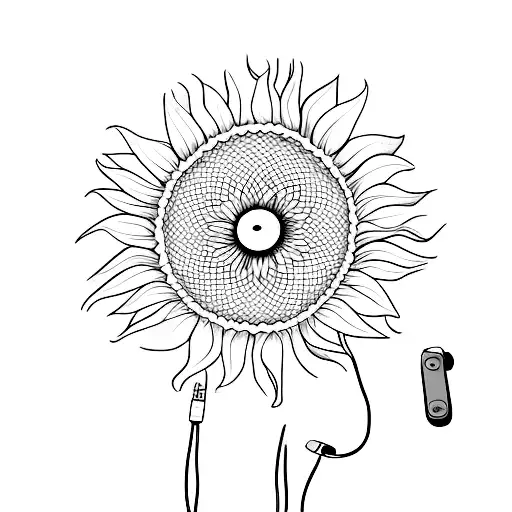 A Minimalist Tattoo Of A Sunflower With Headphones Wrapped Around Its Stem