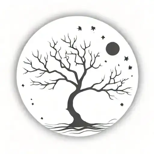 A Delicate Silhouette Of A Tree With Branches Reaching Towards A Full Moon In A Starry Night Sky