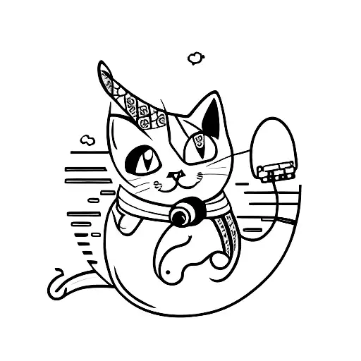 A Minimalist Tattoo Of A Cat Playing A Guitar By The Lake