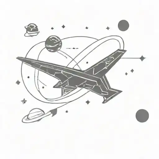 A Stylized Sr-71 Plane Flying Through A Galaxy Filled With Planets