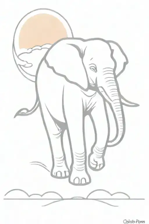 Elephant Walking With Jet Flying Above With A Sun Set Background