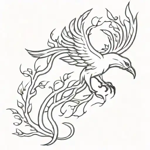 A Phoenix Rising From A Brain With Oak Tree Branches Intertwined