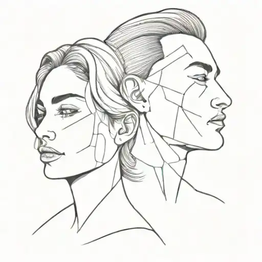 Two Faces Man And Woman Line Tattoo Design