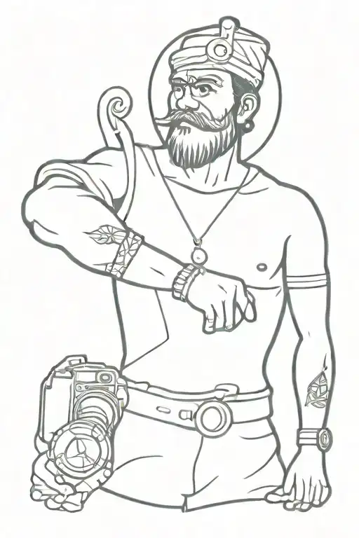 A Minimalist Tattoo Of A Sailor Navigating With A Compass And A Camera Around Hanuman's Image