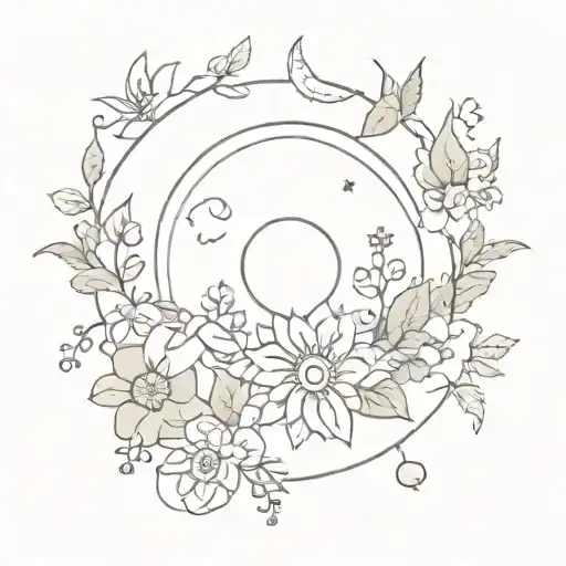 A Traditional Style Sun And Moon Surrounded By Blooming Flowers And Lush Greenery