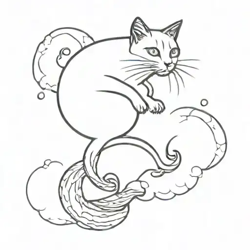A Sleek Minimalist Tattoo Of A Cat With A Betta Fish Jumping Out Of A Cloud