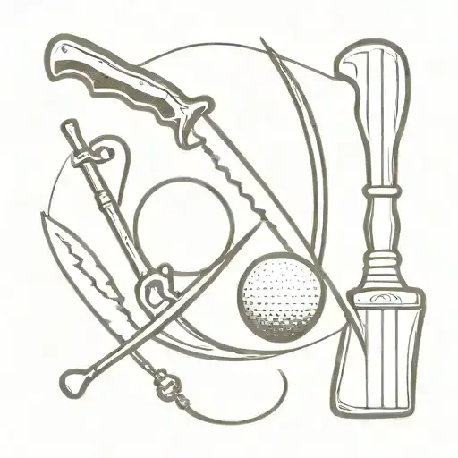 Leather Knife And Wood Chisel Crossed Together With Fishing Hook And Golf Ball