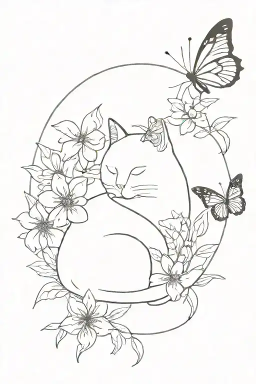 Sleeping Cat Surrounded By Flowers And A Butterfly