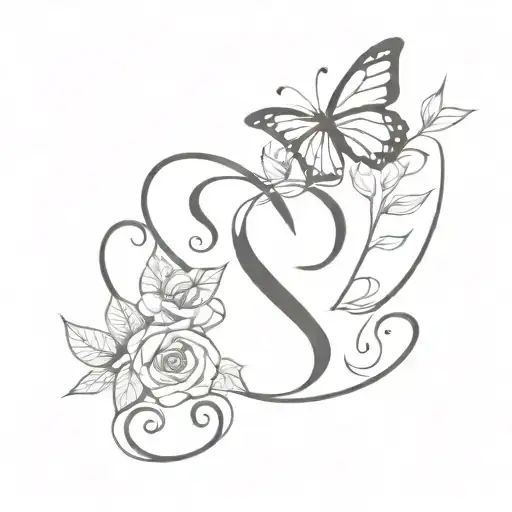 Butterfly With S Letter Combination And Rose With Leaves And Heart