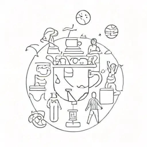 A Minimalist Tattoo Design Of A Party Scene With Psychology Symbols Hidden In The Background