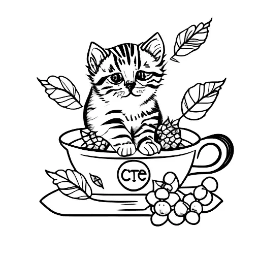 A Tattoo Of A Cute Kitten Sitting In A Coffee Cup With A Blueberry Plant Next To It