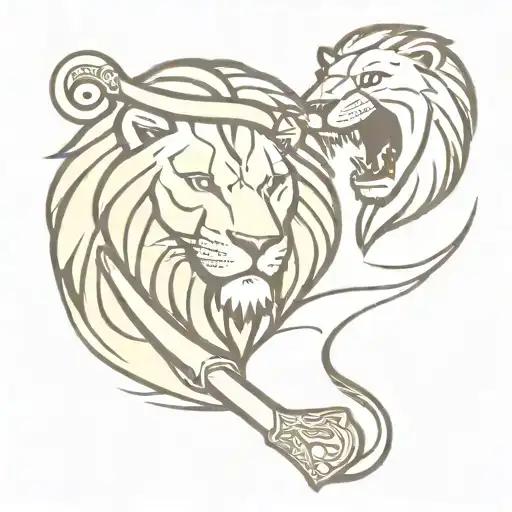 A Lion And Snake Engaged In A Fierce Battle Axe Embedded