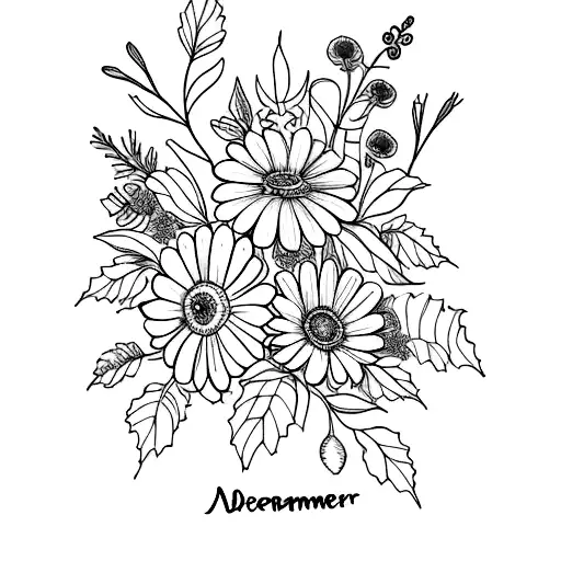 December June July November Birth Flower Bouquet Sketch