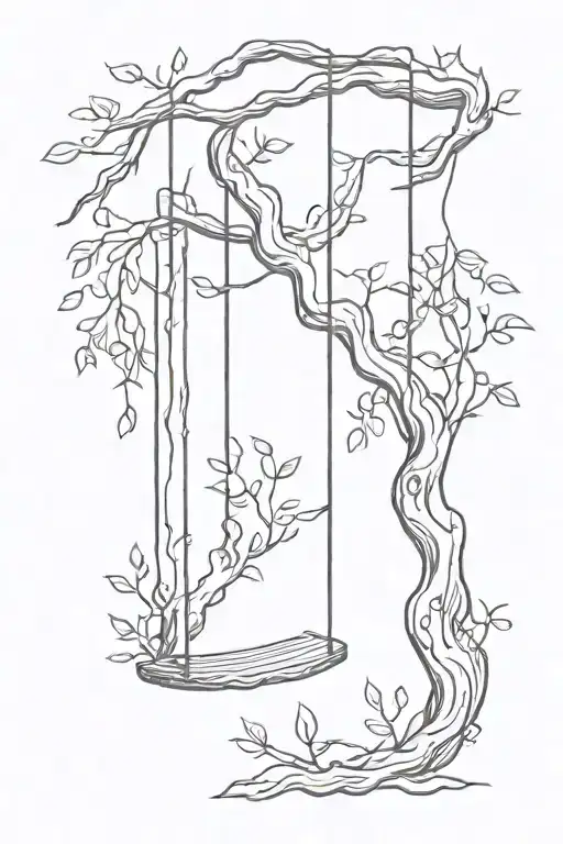 Wooden Swing Hanging From A Tree In A Forest With Vines Growing