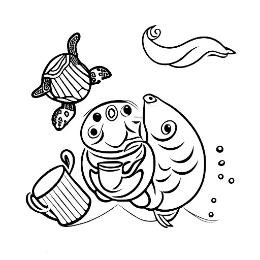 A Whimsical Scene Of A Turtle And Owl Having Coffee And Tea