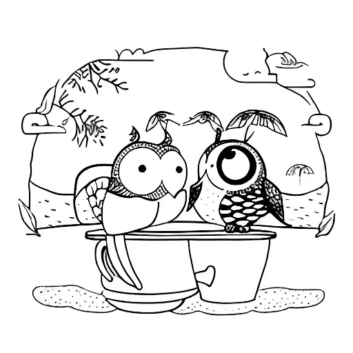 A Whimsical Scene Of A Turtle And Owl Having Coffee And Tea