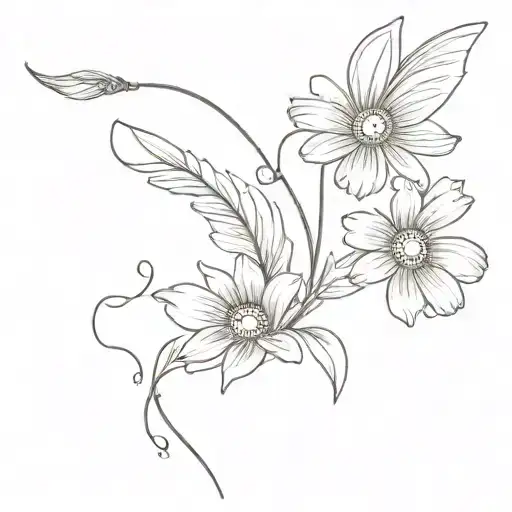 Daisy Flower With Angel Wing And Butterfly Wing On The Stalk In A Minimalist Tattoo Design