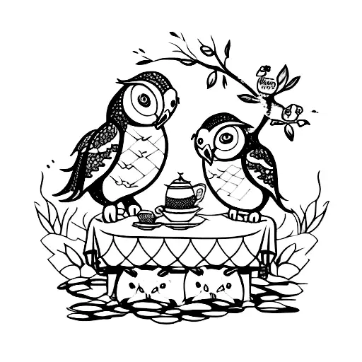 A Whimsical Scene Of A Turtle And Owl Having A Tea Party