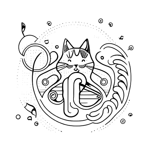 A Minimalist Tattoo Of A Cat Playing A Musical Instrument In Front Of A Peaceful Universe