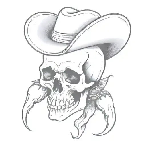 Create A Minimalist Tattoo Of A Skull Wearing A Cowboy Hat And Surrounded By Hot Peppers