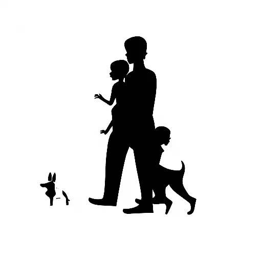 Family With Dog Silhuette Walking Sun Down