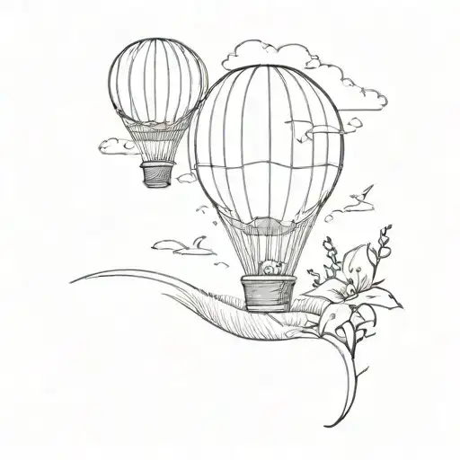 A Minimalist Tattoo Of A Hobbit Riding A Hot Air Balloon Over A Field Of Lily Of The Valley Flowers