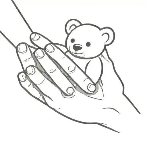 A Minimalist Tattoo Of A Baby's Hand Holding Onto A Small Teddy Bear Representing Comfort And Love