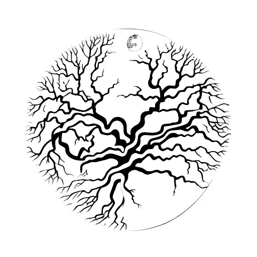 An Ancient Tree With Long Roots And Its Branches Represent Ying And Yang With And Without Leaves