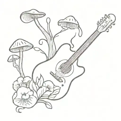 A Minimalist Tattoo Design Of A Guitar Made Out Of Mushrooms