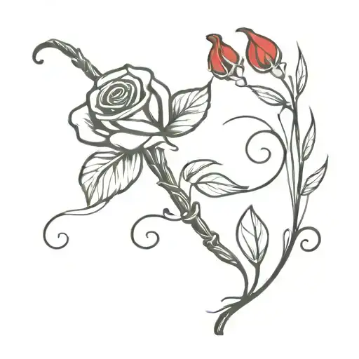 A Traditional Tattoo Of A Quill Pen Intertwined With A Red Rose Vine