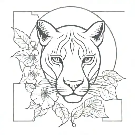 A Minimalist Tattoo Design Of A Sleek Panther Surrounded By Elegant Floral Elements