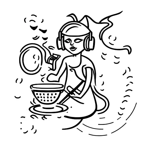 A Witch Brewing Coffee In A Cauldron While Listening To Music