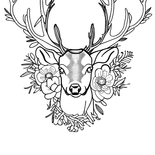A Minimalist Tattoo Of A Deer Surrounded By A Wreath Of Plants And Flowers