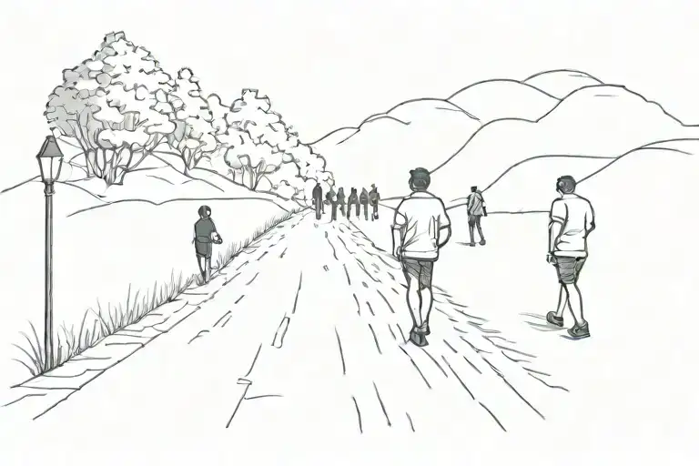 Large Group Of People Walking Down A Path And 2 People Walking The Other Way