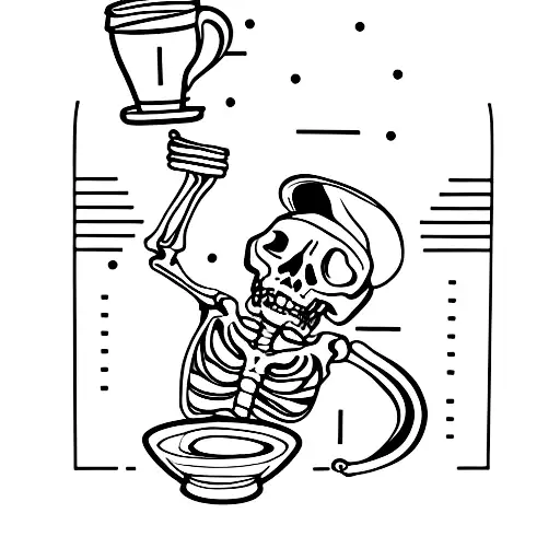Skeleton With A Cup Of Coffee And A Guitar