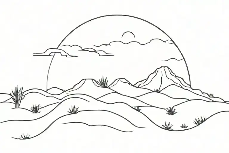 Desert Landscape Drawn Just By One Line Tattoo With Dunes