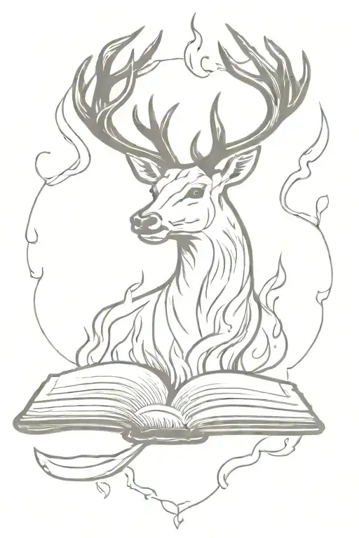 Stag Head Over Open Book Surrounded By Fire Flames