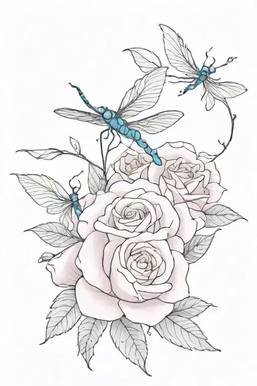 Pink Roses With Blue Dragonfly Landing