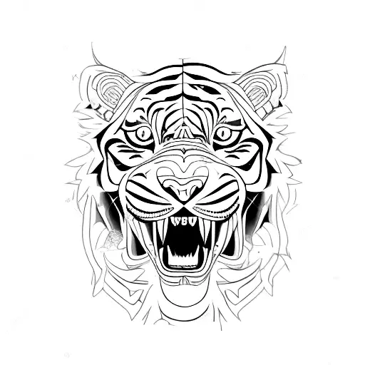 Fine Line Tatoo Design Of A Tiger With A Sword In His Mouth With Blue Fire