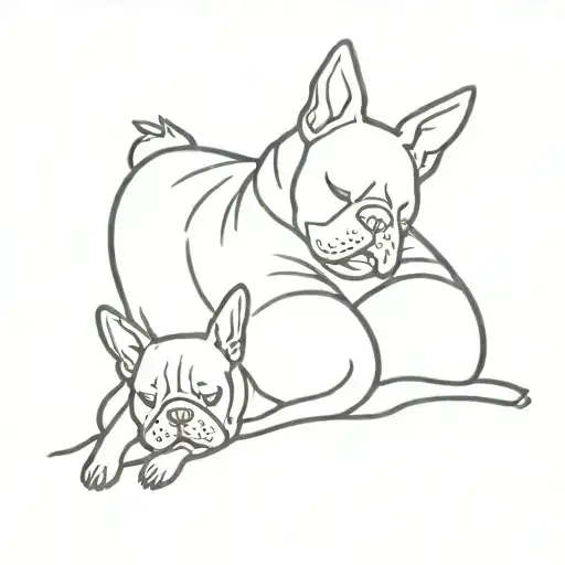A Minimalist Tattoo Of A Person Sleeping On A Beach With A French Bulldog Curled Up Next To Them