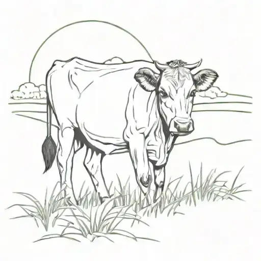 A Minimalist Tattoo Design Of A Beautiful Jersey Cow Standing In A Lush Farm Field