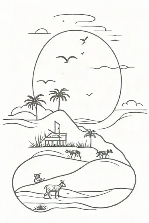 A Minimalist Design Of A Beach Scene With Various Animals Hidden In The Sand