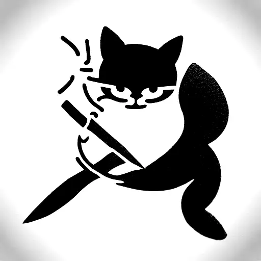 Small Cute Ninja Cat That With Knife In Her Hand And Weed In The Other Hand