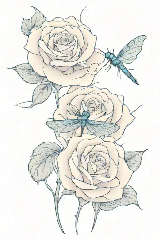 Pink Roses With One Blue Dragonfly Landing