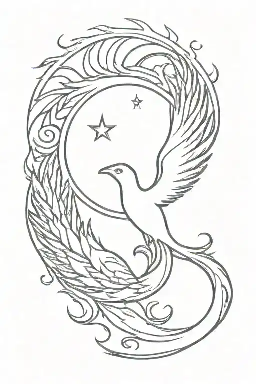 A Minimalist Tattoo Design Of A Sun And Moon Merging Into A Phoenix Bird Silhouette